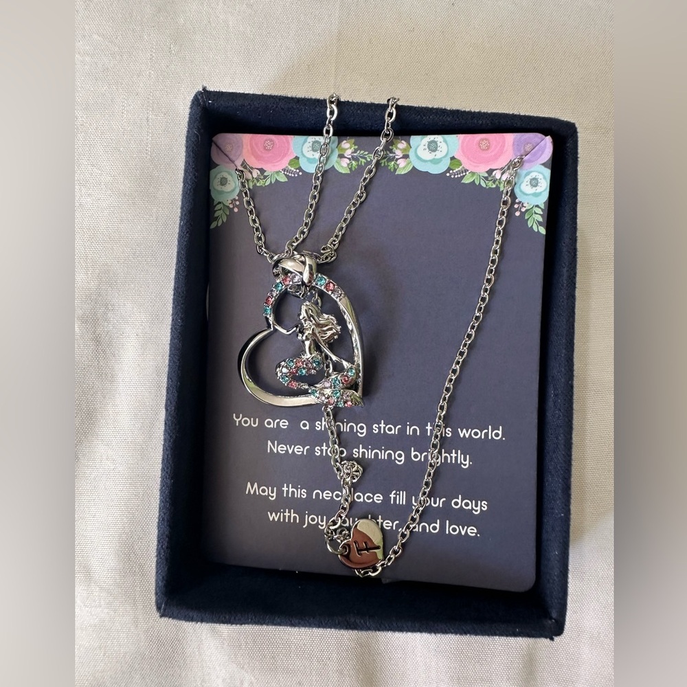 Silver Heart Pendant Necklace with Multicolor Crystals - Women Jewelry